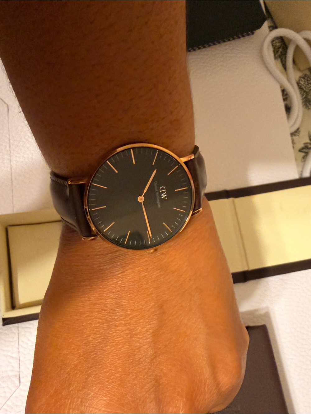 Daniel Wellington Black Dial Rose Gold Case Leather Strap Watch & cuff bracelet